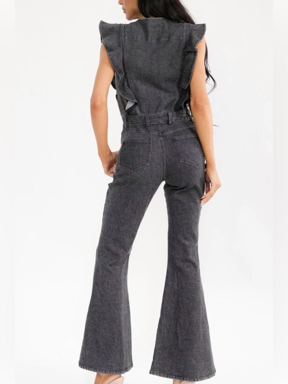 A402. Dark Gray Denim Jumpsuit with Button Front & Ruffle Sleeves - Picture 6 of 6